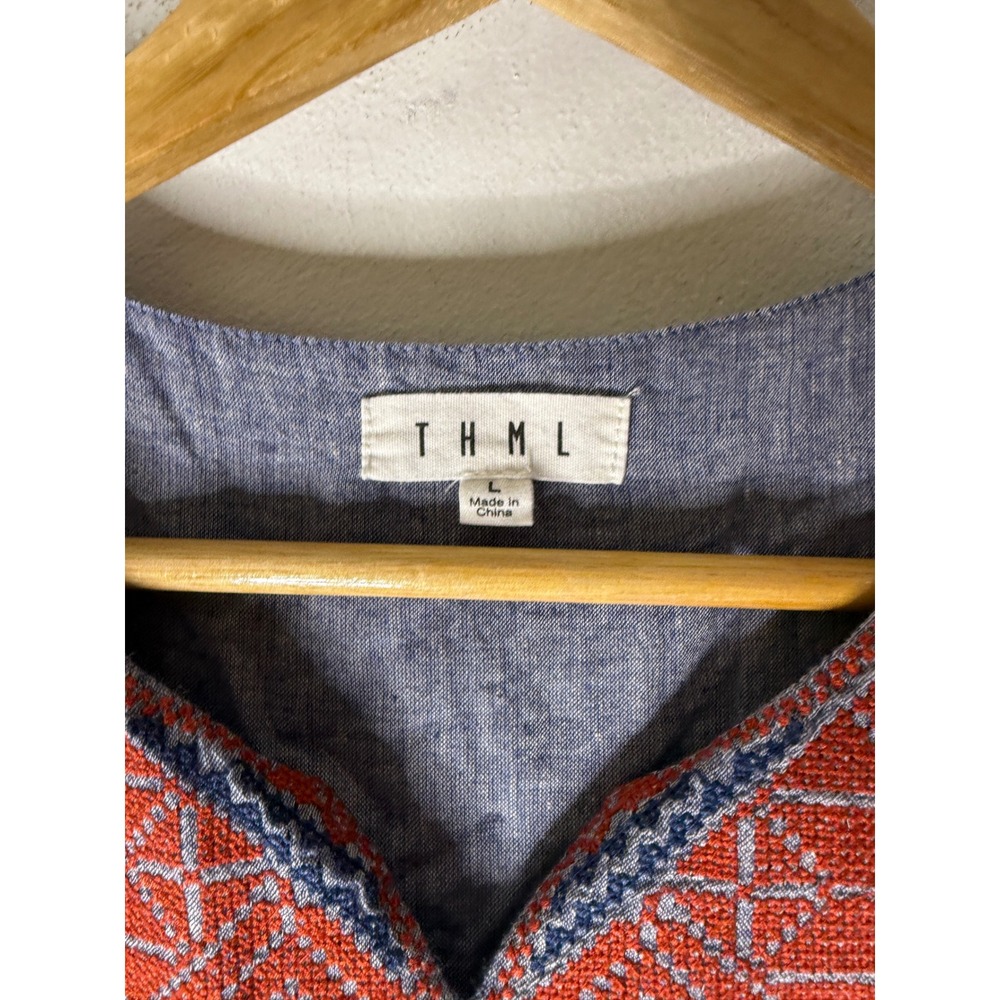 THML Embroidered Top Blue stripe and Rust sleeveless v neck large - Picture 3 of 5